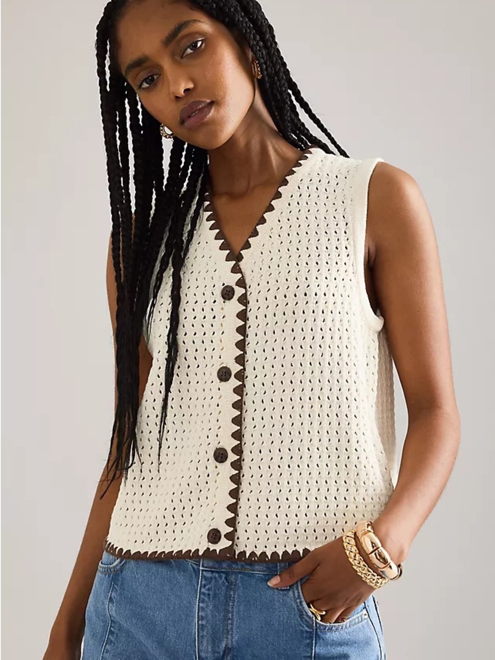 ALIGNE 100% Organic Cotton Button Up Crochet Sweater Vest Pointelle Knit Button